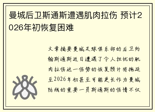 曼城后卫斯通斯遭遇肌肉拉伤 预计2026年初恢复困难